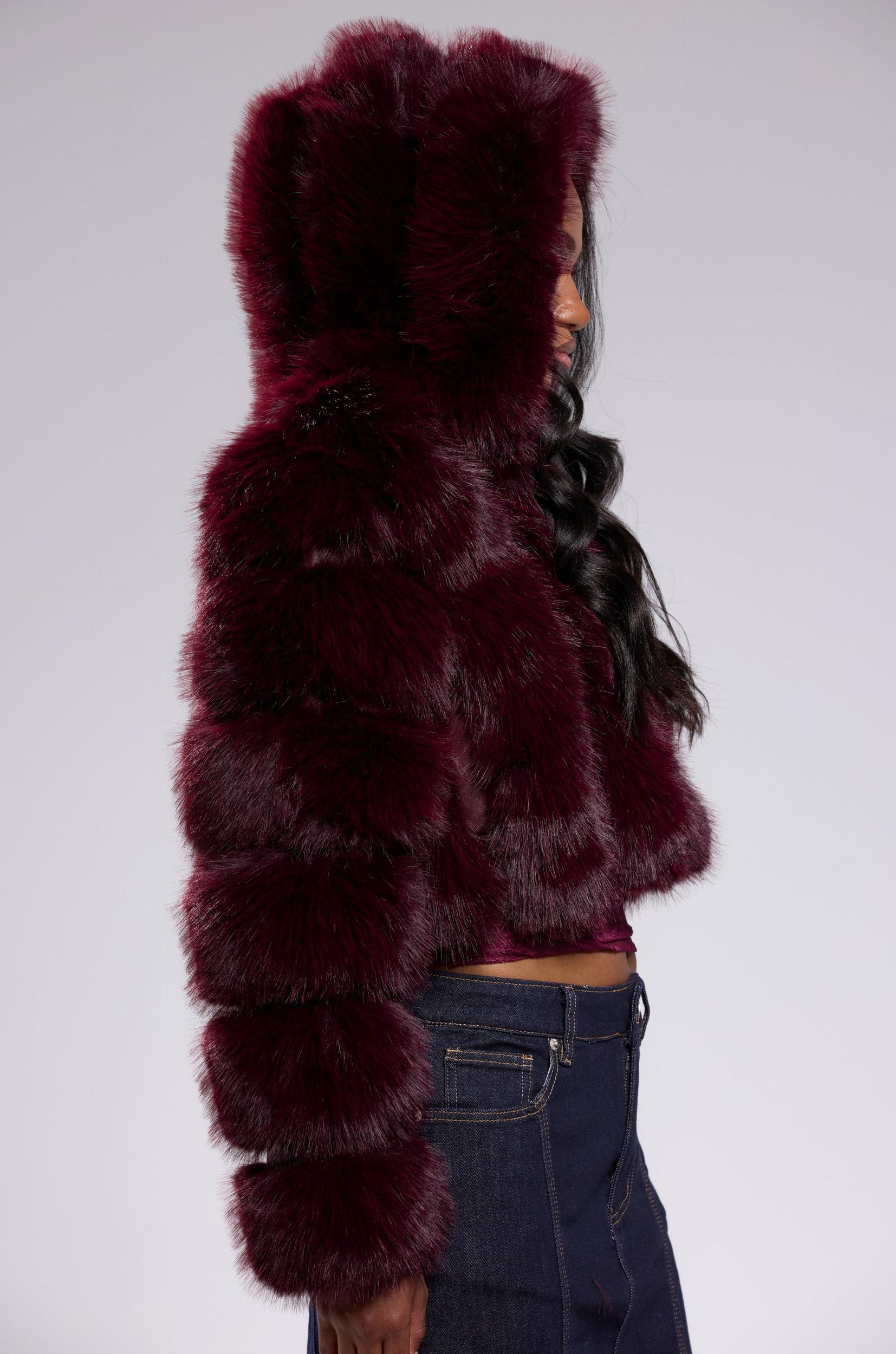 JOLENE FAUX FUR COAT IN BURGUNDY Product Image