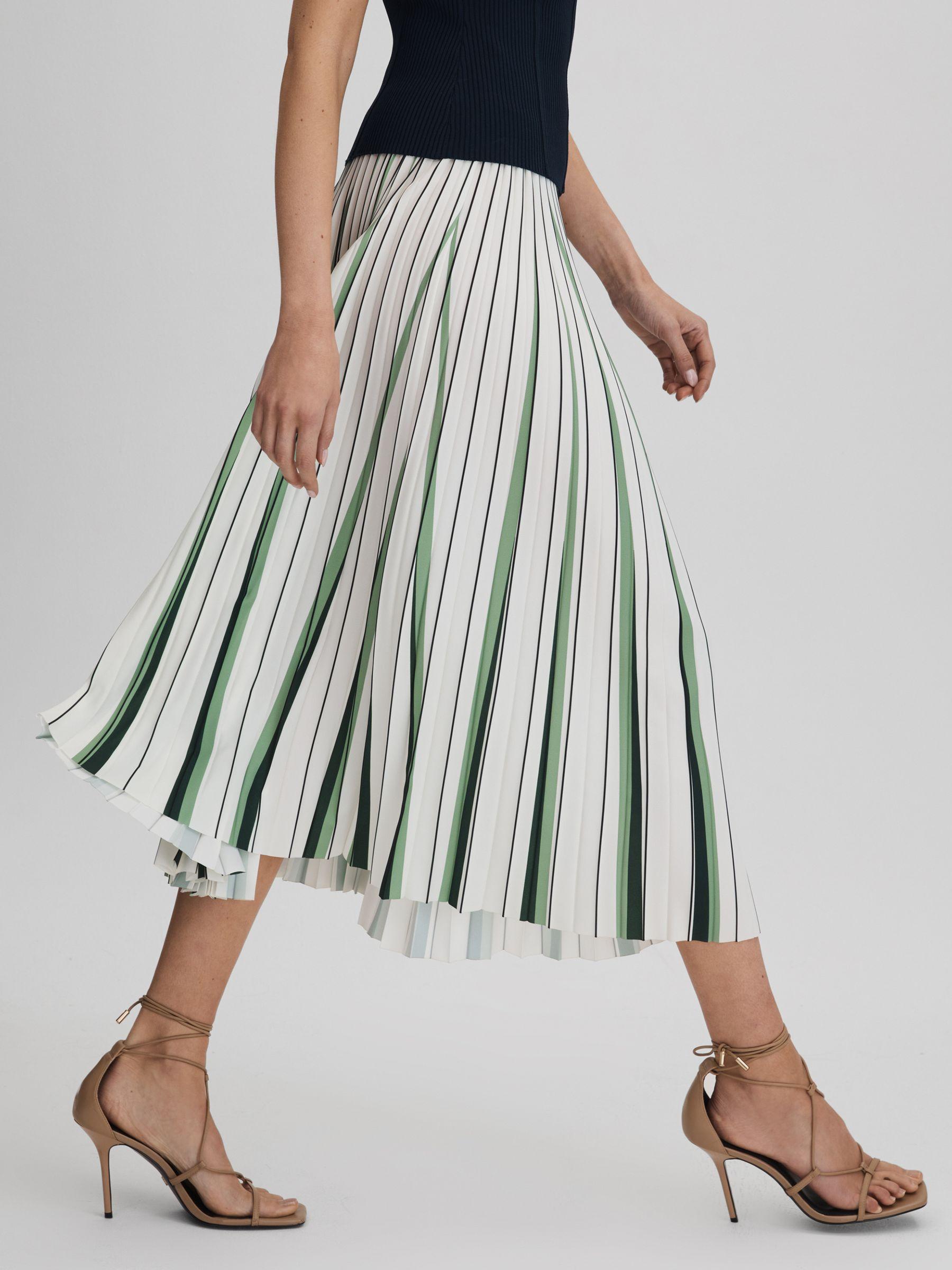 Pleated Striped Midi Skirt in Green/Cream Product Image