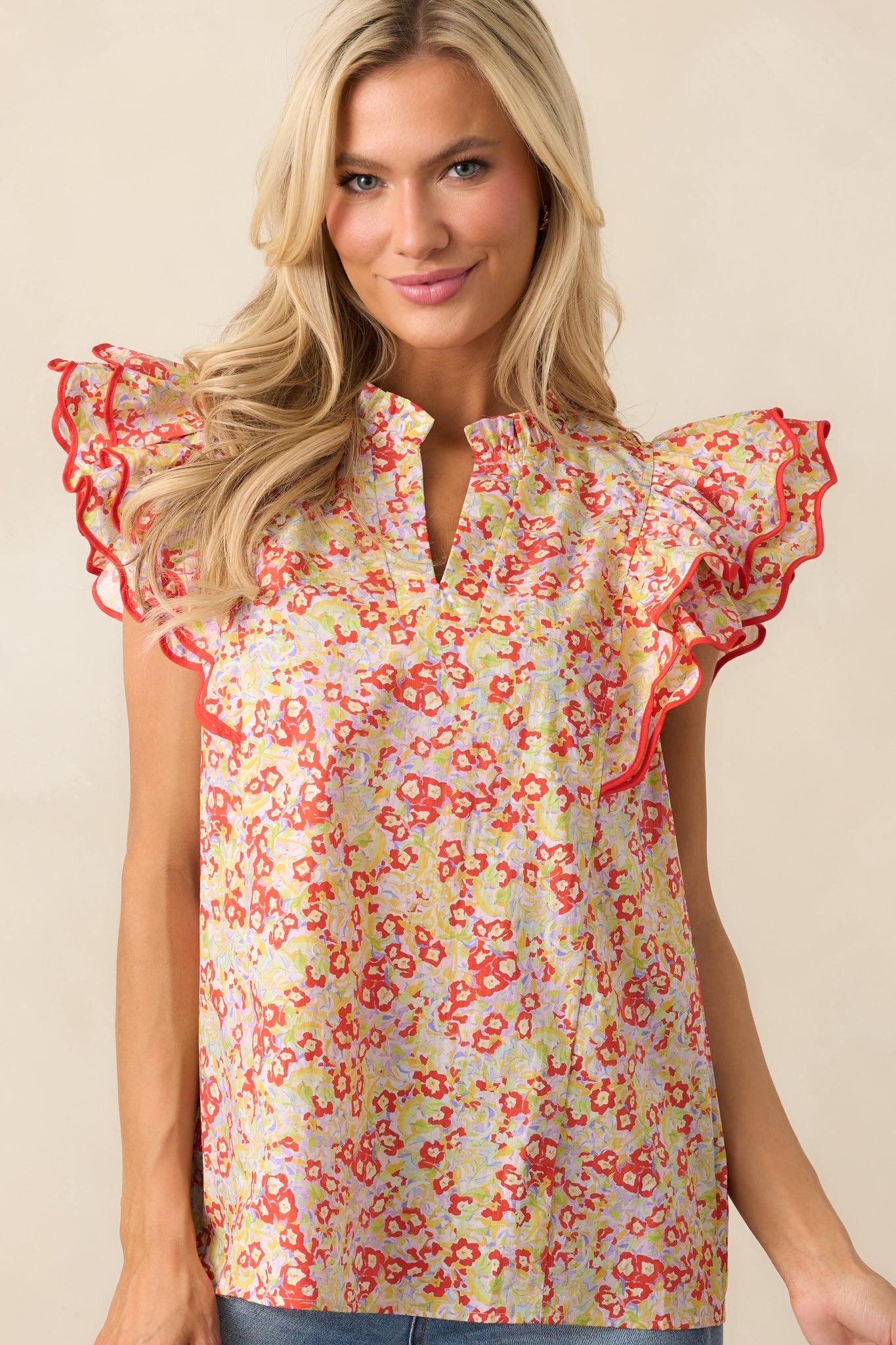Light Finds A Way Red Floral Cotton Flutter Sleeve Top Product Image