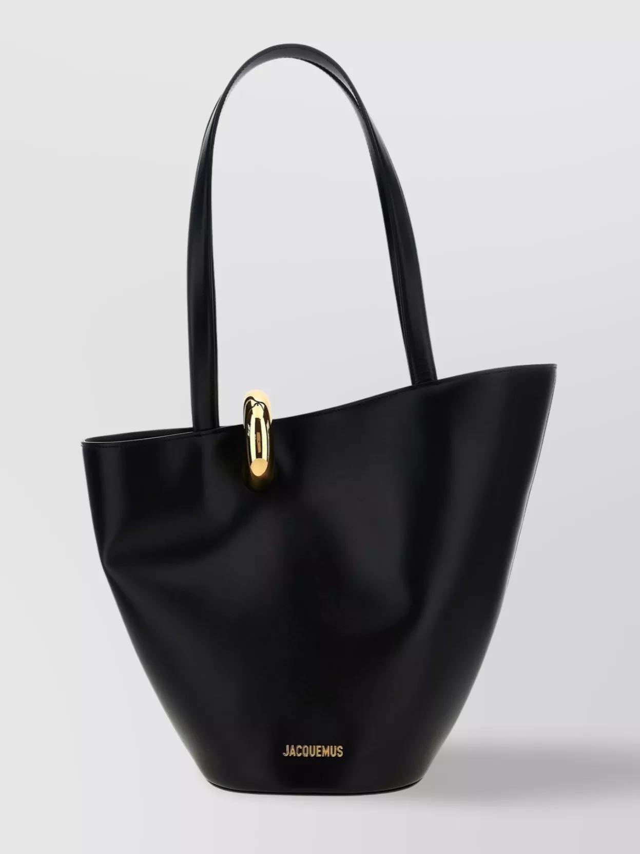 JACQUEMUS The Medium Bambola Asymmetric Leather Bucket Bag In Black 990 Product Image