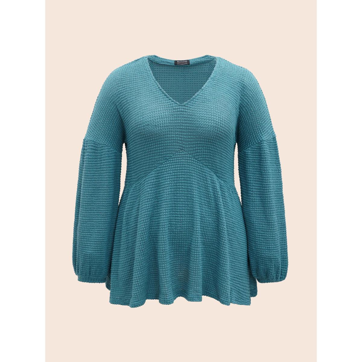 Plus Size Waffle Knit Lantern Sleeve Flutter Hem Sweatshirt Women Cerulean Elegant Texture V-neck Dailywear Sweatshirts BloomChic 14-16/1X Product Image