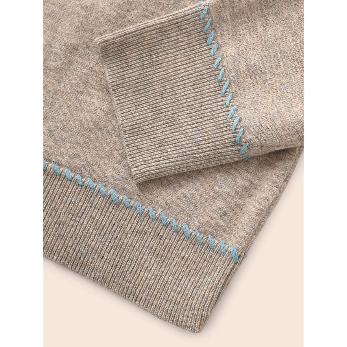 Plus Size Anti-Pilling Round Neck Contrast Trim Pullover Champagne Women Casual Long Sleeve Round Neck Everyday Pullovers BloomChic 18-20/2X Product Image