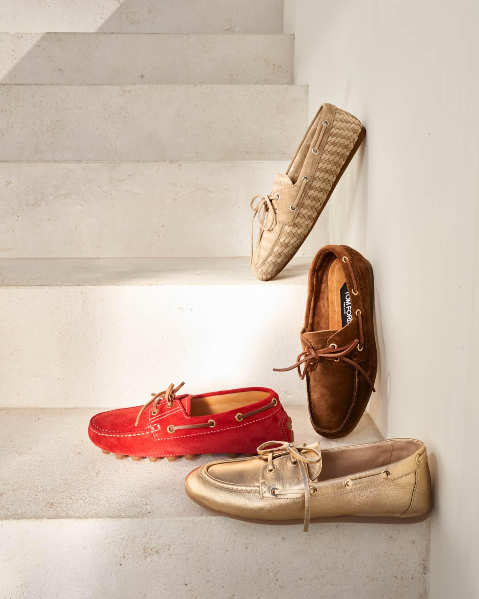 Bow Woven Suede & Leather Boat Shoes Product Image