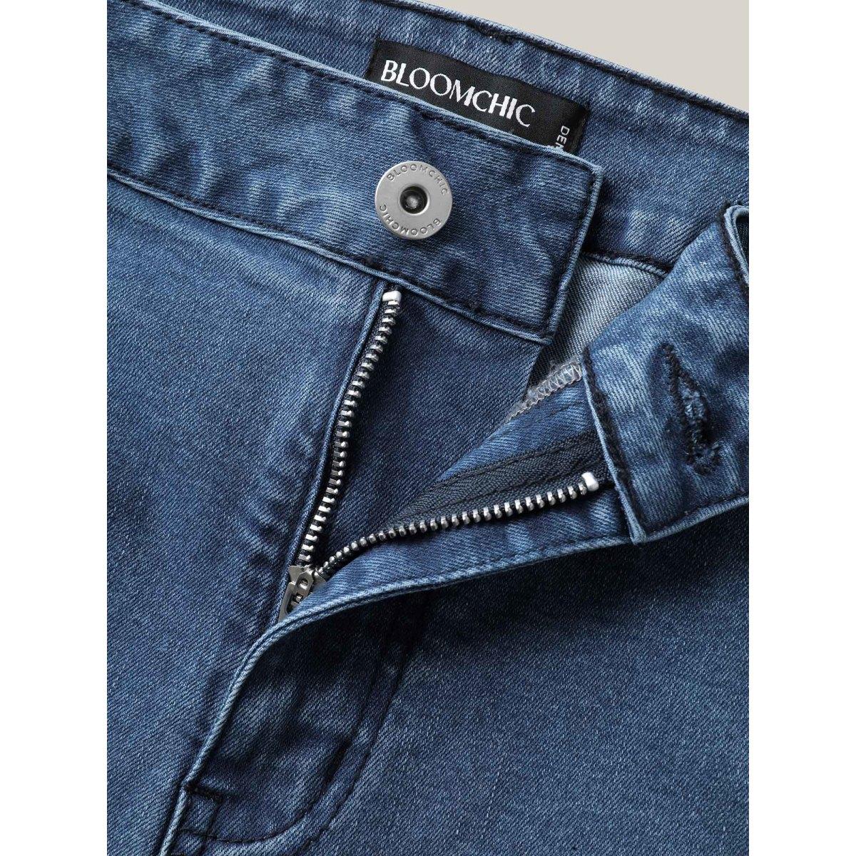 Plus Size Frayed Hem High Rise Denim Shorts Women Midblue Medium stretch Everyday-Casual Slanted pocket Denim Shorts BloomChic 16/1X Product Image