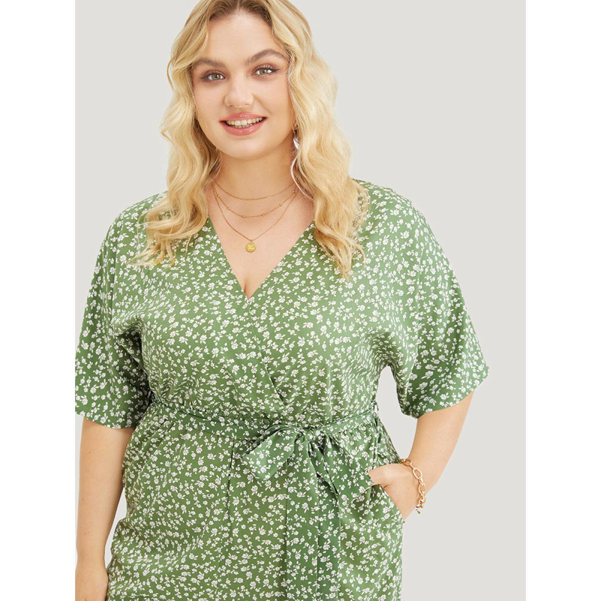Plus Size Green Ditsy Floral Wrap Pocket Belt Batwing Sleeve Jumpsuit Women Elegant Half Sleeve V-neck Dailywear Loose Jumpsuits BloomChic 22-24/3X Product Image