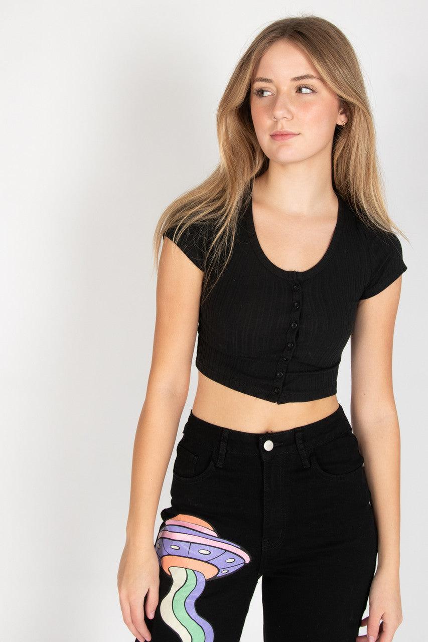 Black Button Down Crop Tee Product Image