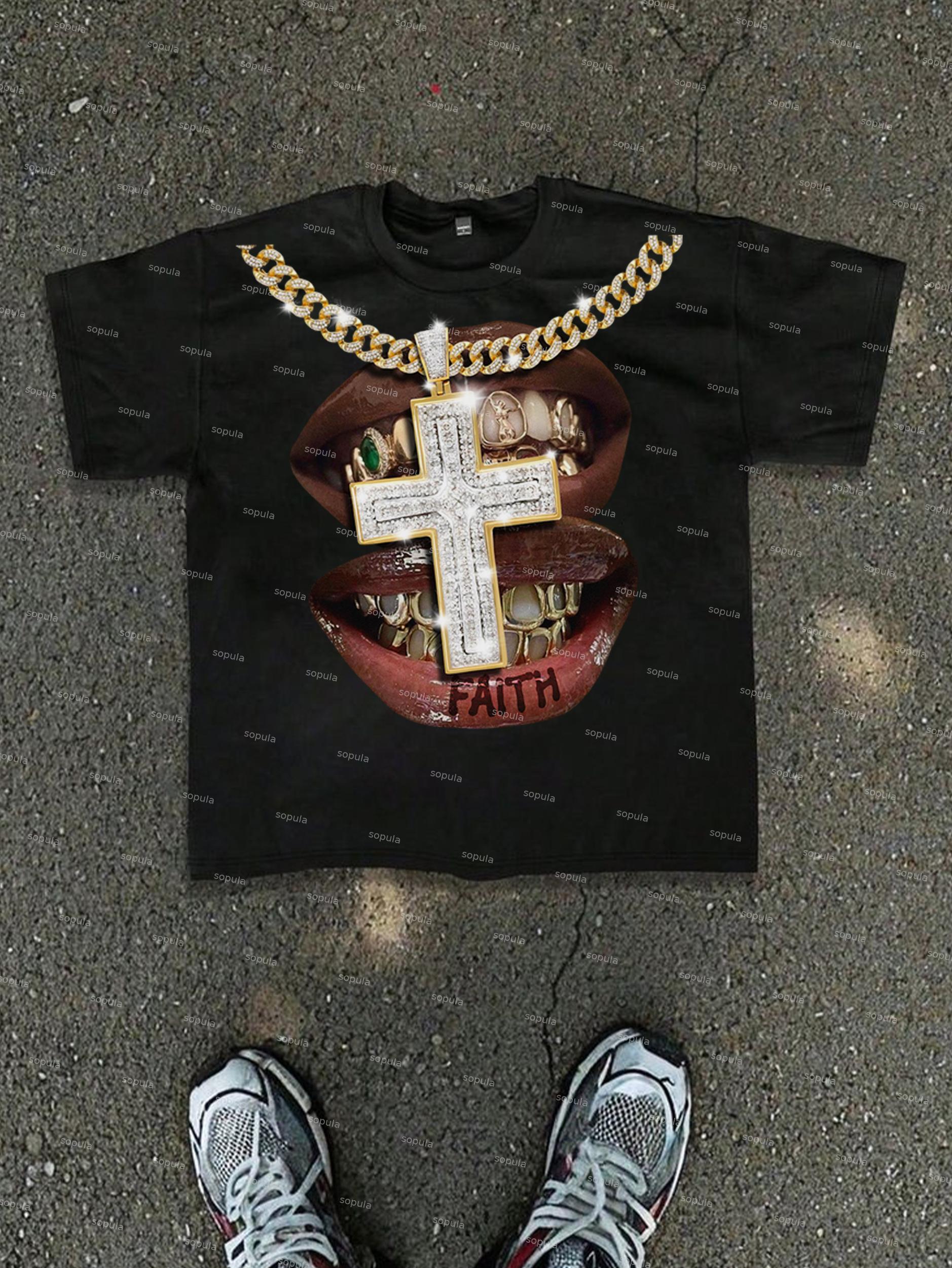 Faith Cross Diamond Necklace Lips Graphic Cotton T-shirt Product Image