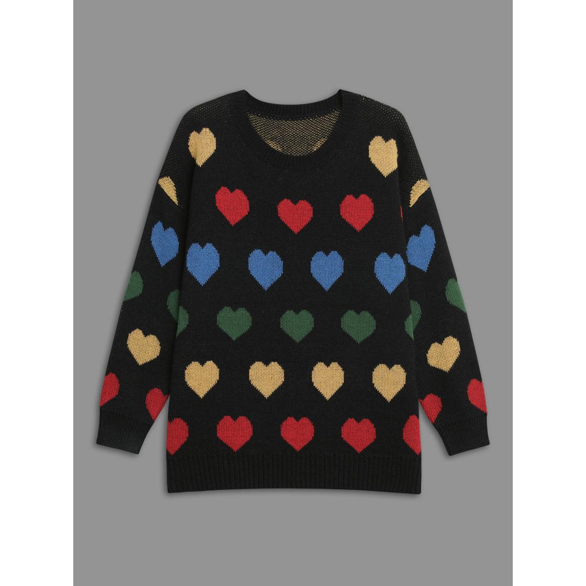 Plus Size Colored Heart Drop Shoulder Sleeve Pullover Black Women Casual Loose Long Sleeve Round Neck Everyday Pullovers BloomChic 26/4X Product Image