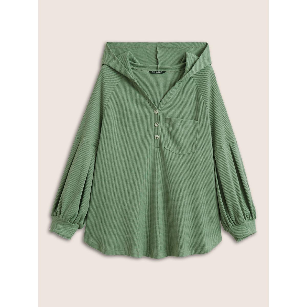 Plus Size Waffle Knit Hooded Lantern Sleeve Patched Pocket Sweatshirt Women Mint Casual Texture Hooded Everyday Sweatshirts BloomChic 14-16/1X Product Image
