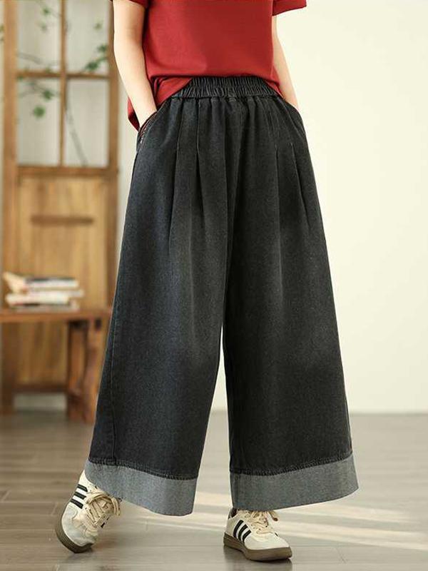 Loose Wide Leg Elasticity Pleated Pockets Jean Pants Bottoms Trousers Product Image