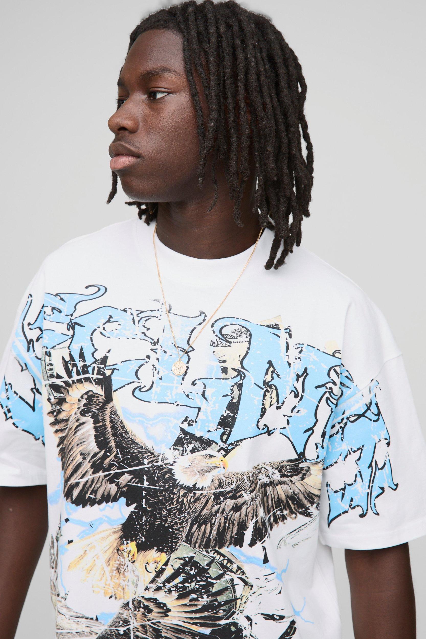 White Oversized Extended Neck Ofcl MAN Eagle Over The Seam Printed T-Shirt | boohooMAN USA Product Image