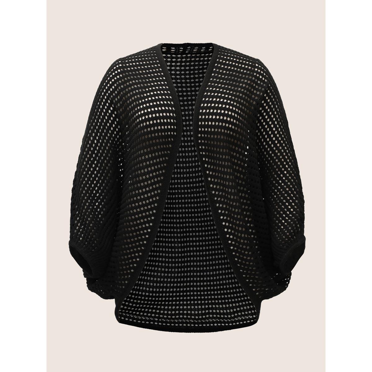 Plus Size Plain Pointelle Knit Batwing Sleeve Cardigan Black Women Casual Loose Long Sleeve Everyday Cardigans BloomChic 10/M Product Image