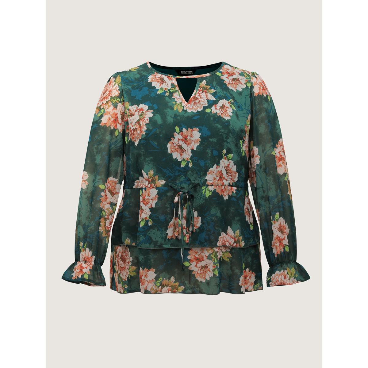 Plus Size ArmyGreen Sheer Floral Print Tie Flared Blouse Women Romantic Extra Long Sleeve Round Neck Elegant Blouses BloomChic 28/5X Product Image