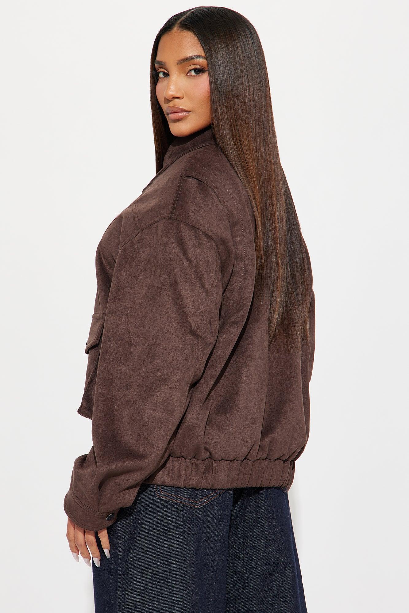 Delilah Washed Faux Suede Bomber Jacket - Chocolate Female Product Image