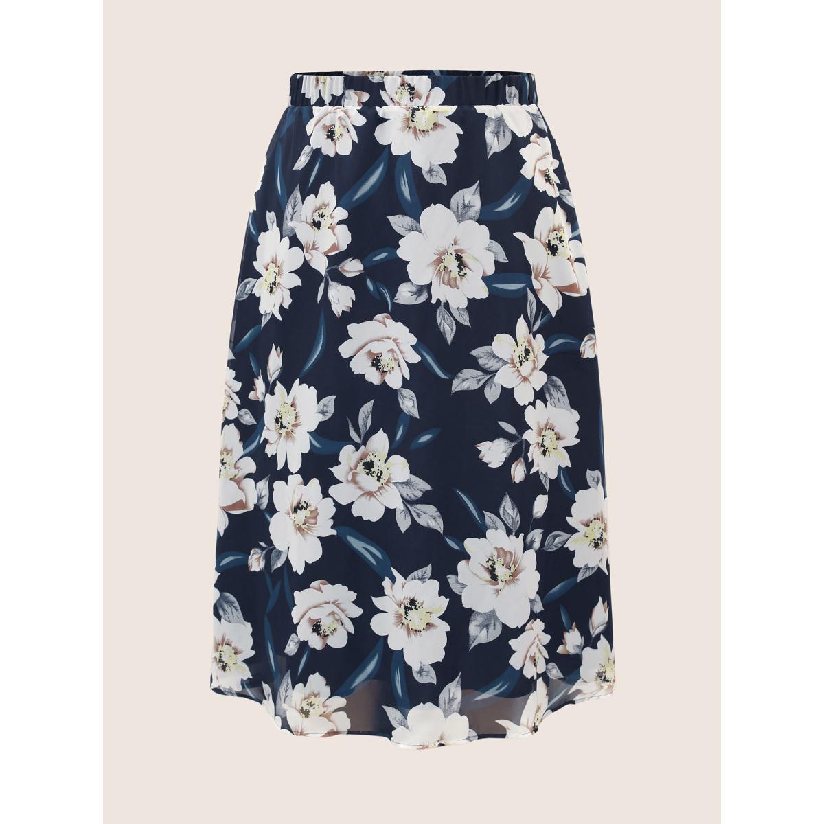 Plus Size Chiffon Mesh Floral Elastic Waist Skirt Women Navy Elegant See through No stretch Side seam pocket Everyday Skirts BloomChic 18-20/2X Product Image