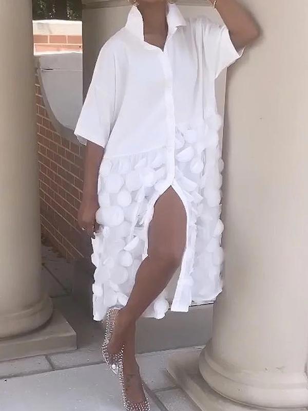 Half Sleeves Loose Applique Solid Color Split-Joint Lapel Collar Midi Dresses Product Image
