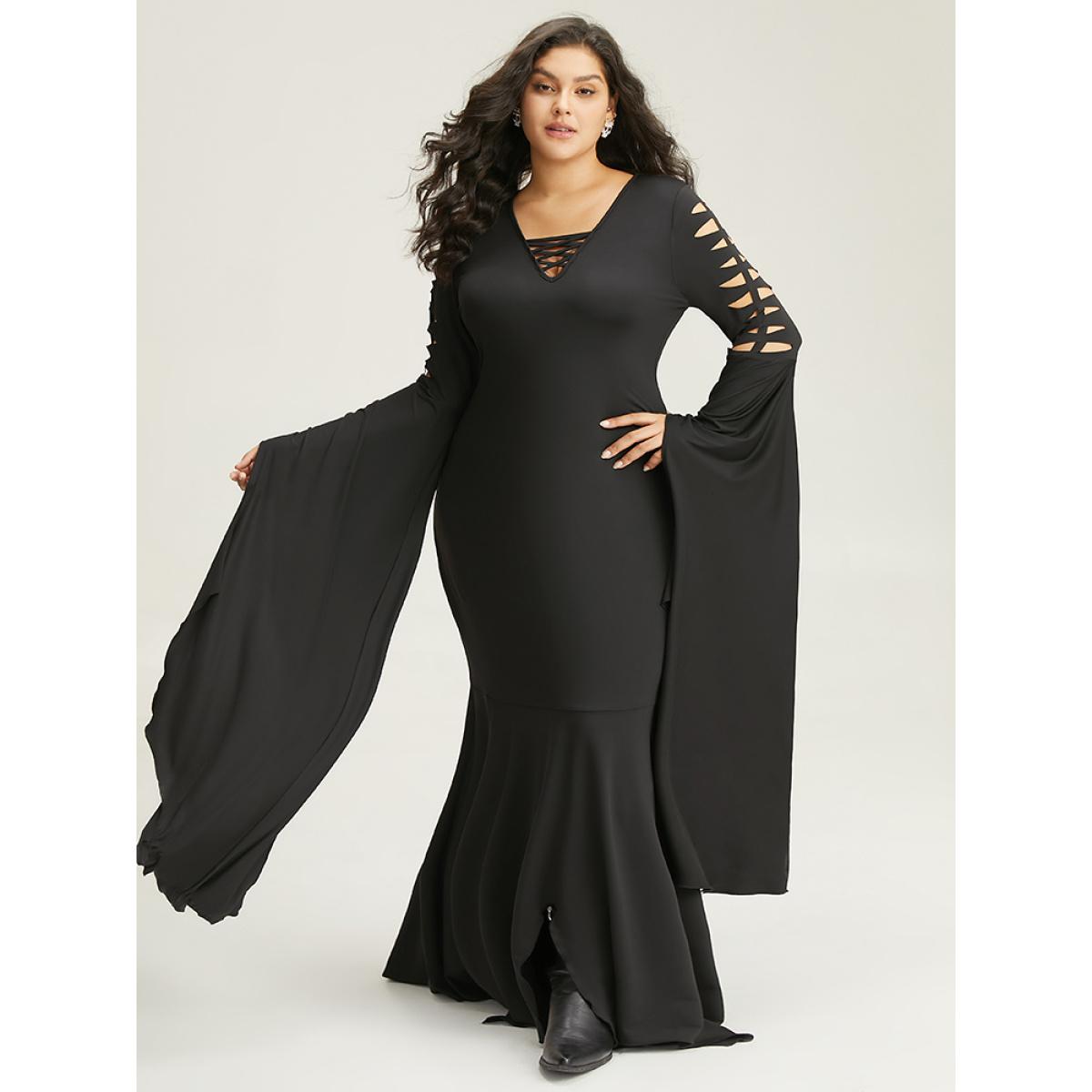 Plus Size Halloween Ripped Extra Long Sleeve Dress Black Women Elegant Plain V-neck Extra Long Sleeve Curvy Maxi Dress BloomChic 22-24/3X Product Image