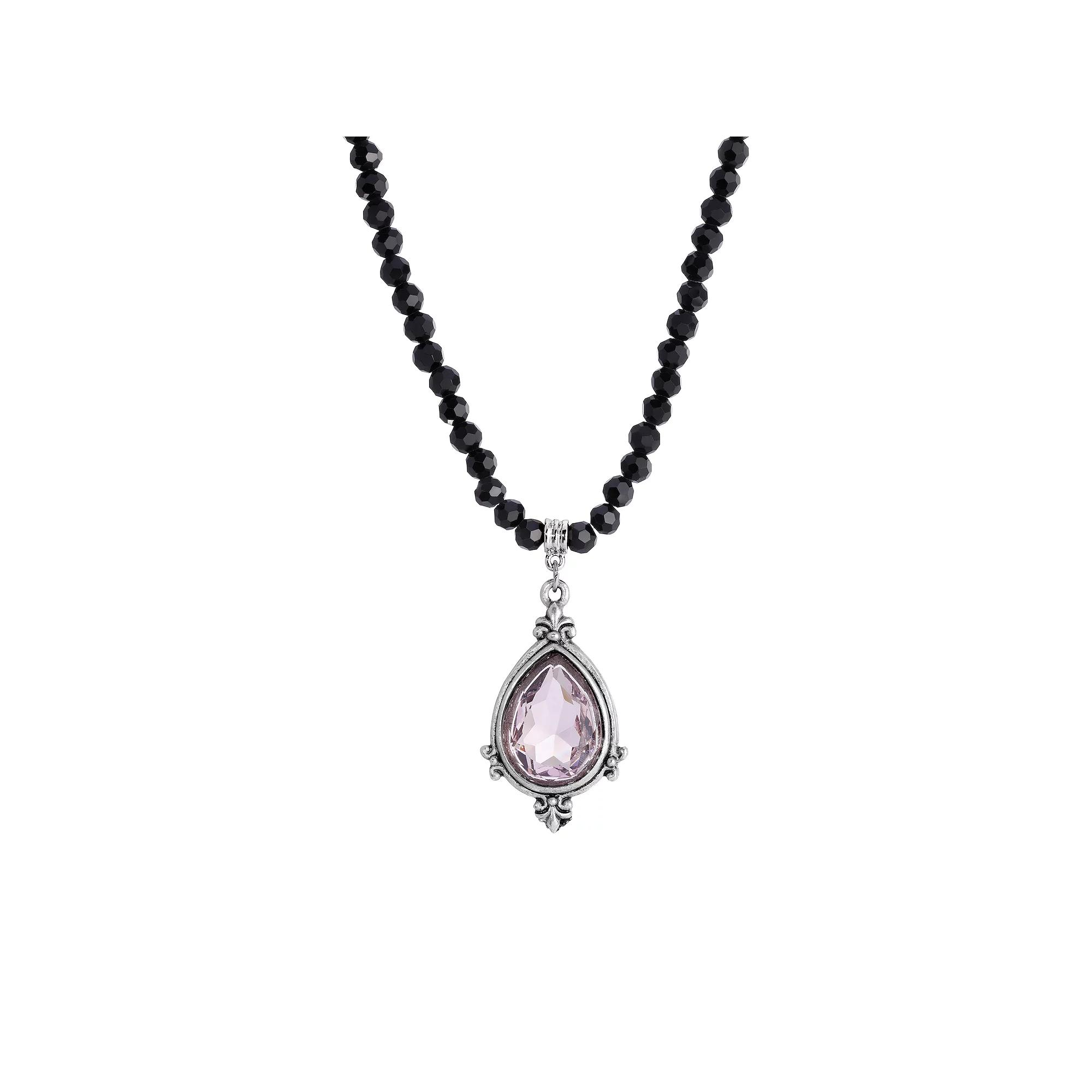 1928 Silver Tone Black Bead Light Purple Crystal Necklace, Women's Product Image