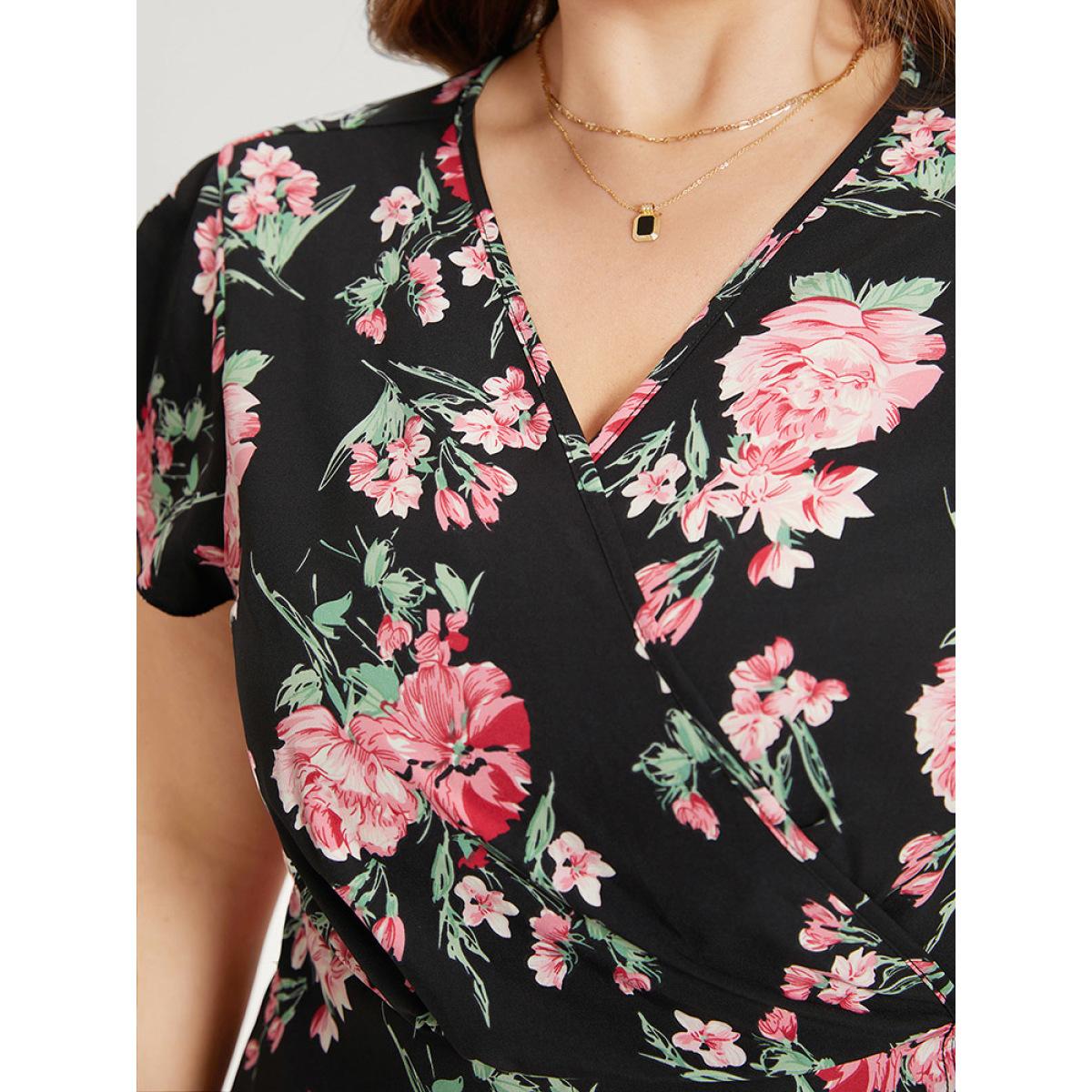 Plus Size Floral Print Wrap Pocket Knot Asymmetrical Hem Dress Black Women Elegant Wrap V-neck Short sleeve Curvy Midi Dress BloomChic 22-24/3X Product Image