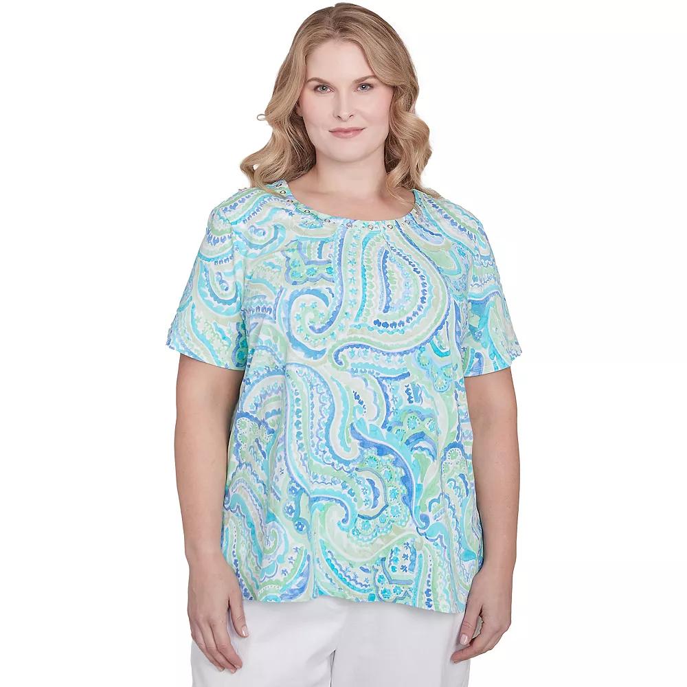 Plus Size Alfred Dunner Pleated Crewneck Paisley Top, Women's, Size: 1XL, Blue Team Product Image