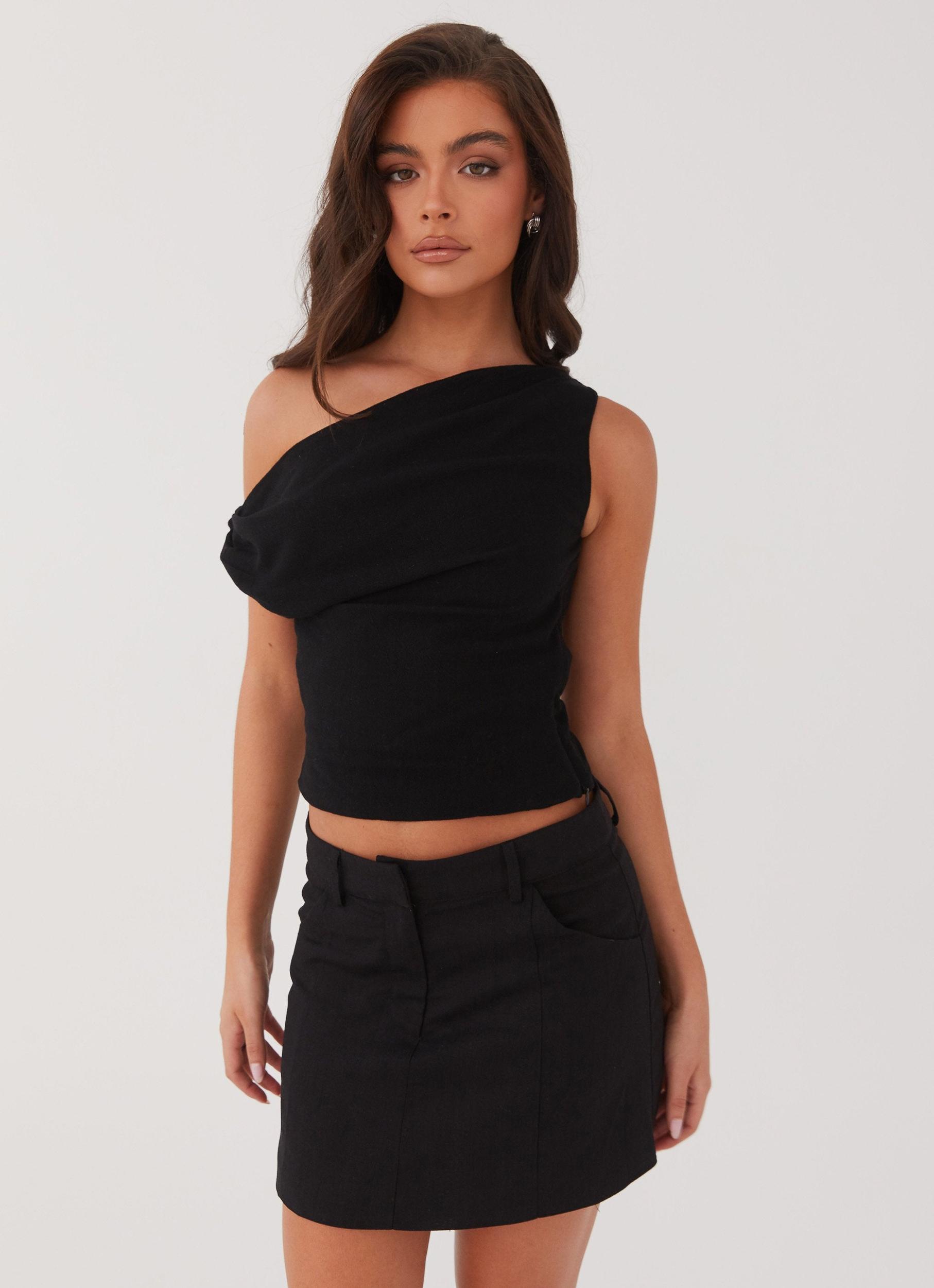 Marissa Linen One Shoulder Top - Black Product Image