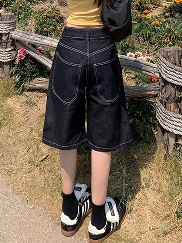 Vintage Loose Wide Leg Denim Shorts Product Image