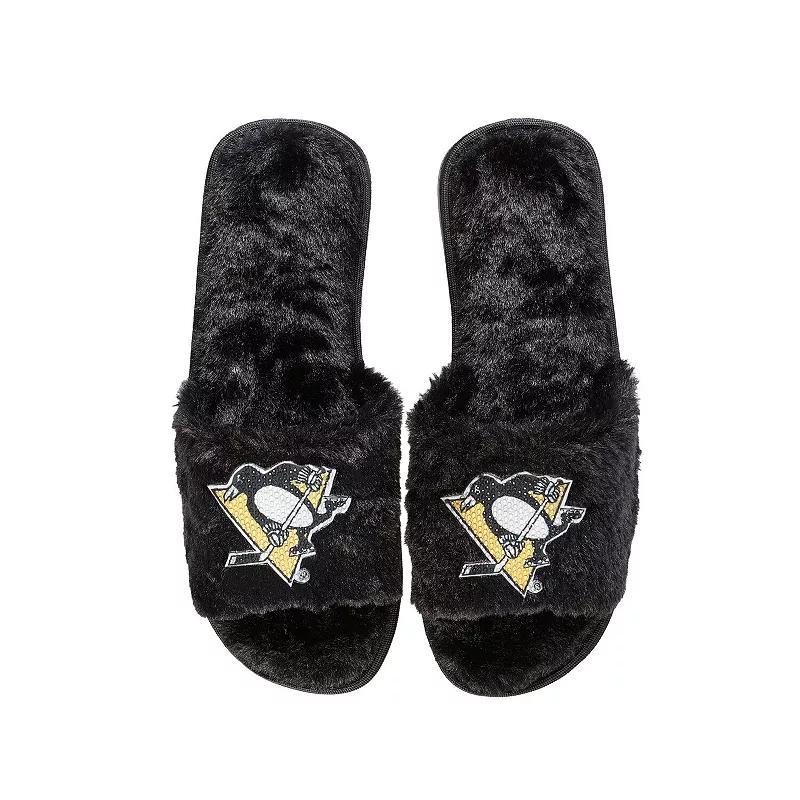 Women's FOCO Black Pittsburgh Penguins Rhinestone Fuzzy Slippers,  Product Image