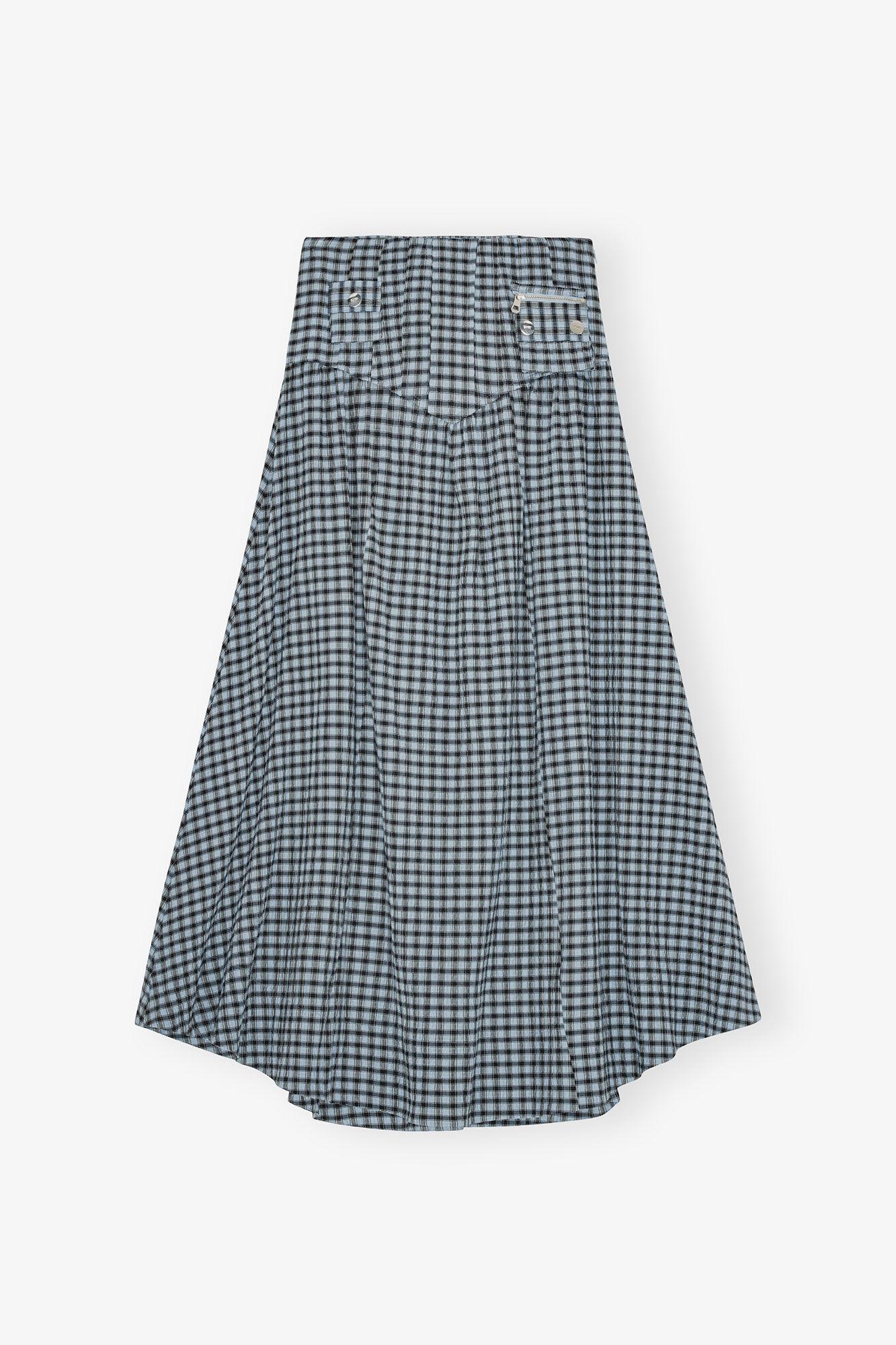 Blue Seersucker Check Long Skirt Product Image