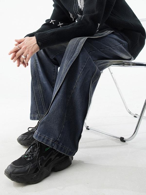 Men's Vintage Wash Splice Loose Jeans Product Image