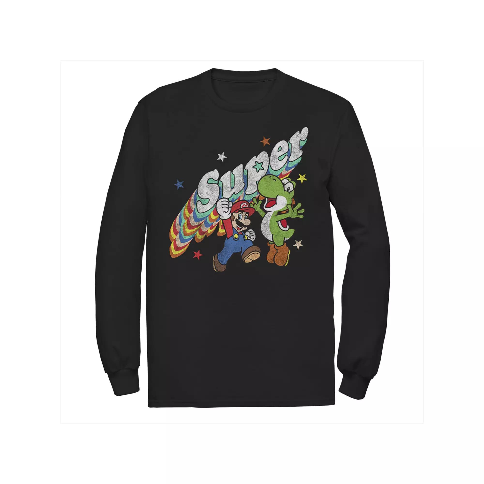 Men's Nintendo Super Mario Yoshi Mario Rainbow 3D Star Long Sleeve Tee,  Product Image