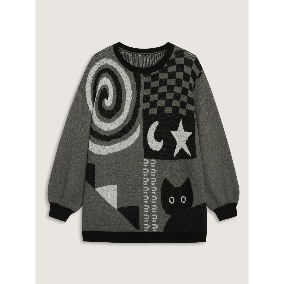 Plus Size Halloween Cat Print Contrast Pullover DimGray Women Playful Loose Long Sleeve Round Neck Casual Pullovers BloomChic 12/L Product Image
