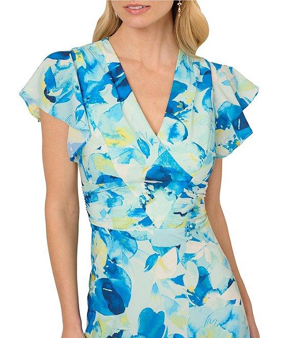 Adrianna Papell Chiffon Floral Print V-Neck Short Flutter Sleeve A-Line Midi Dress Product Image