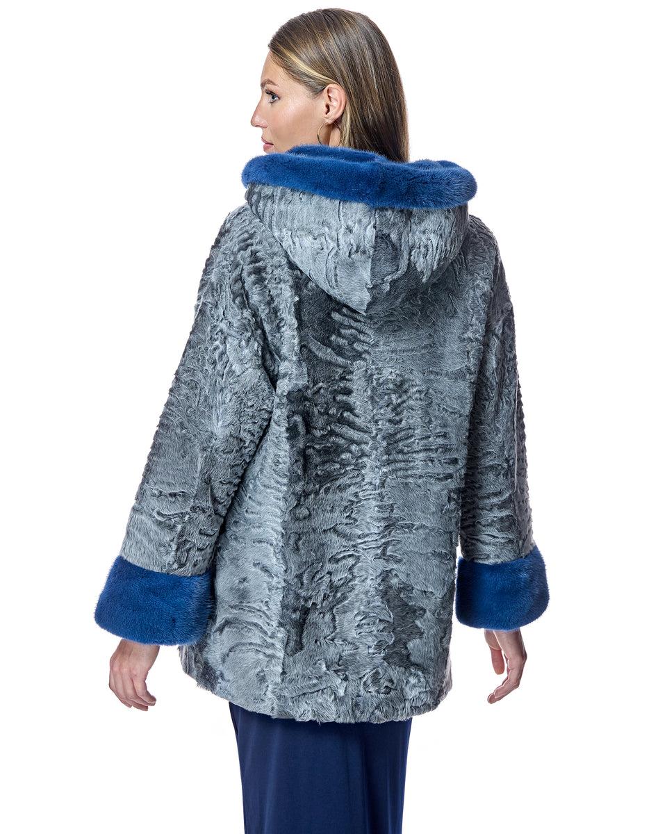 Hooded Swakara Lamb Jacket with Mink Trim Hood and Cuff Product Image
