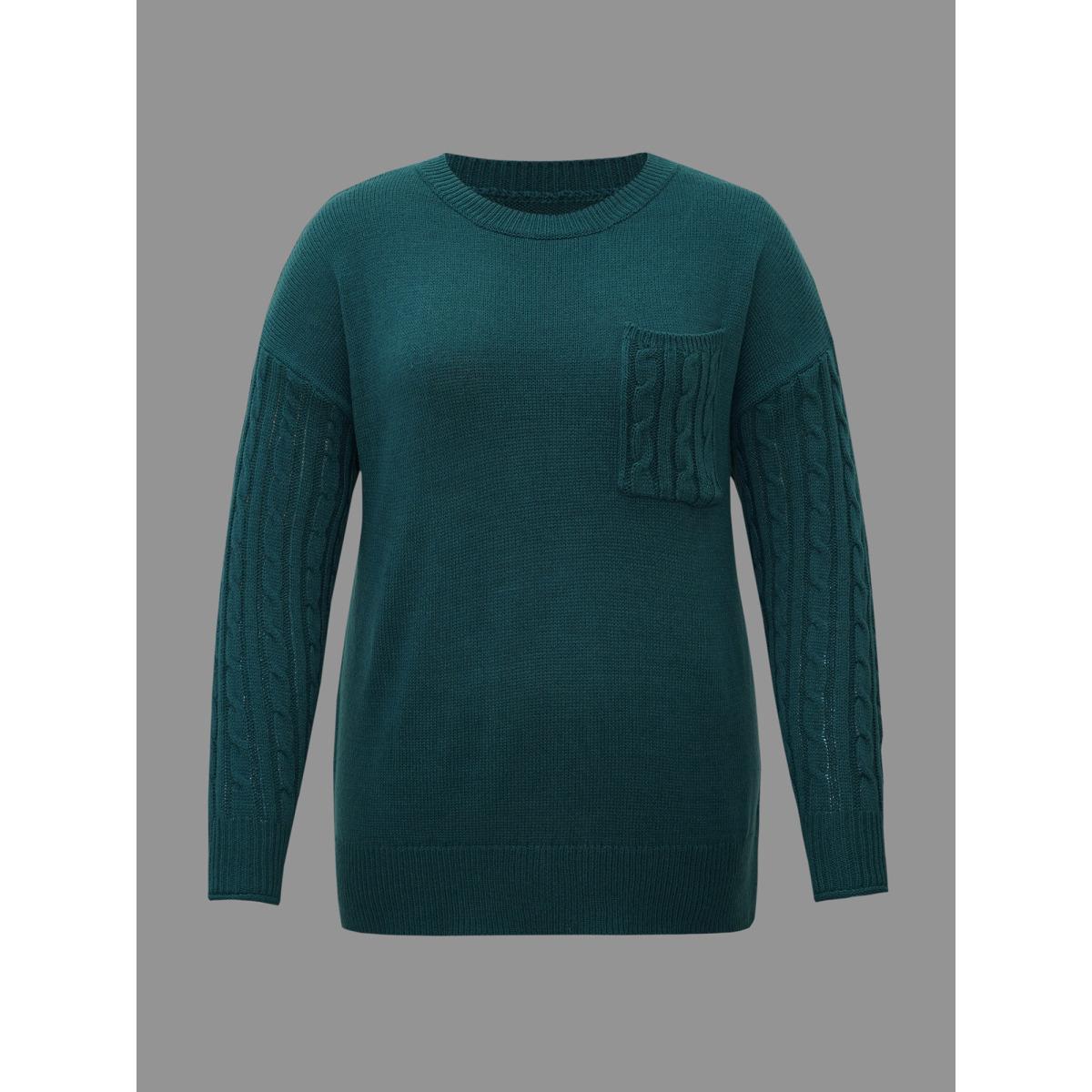 Plus Size Cable Knit Sleeve Chest Pocket Pullover Cyan Women Casual Loose Long Sleeve Round Neck Everyday Pullovers BloomChic 30/6X Product Image