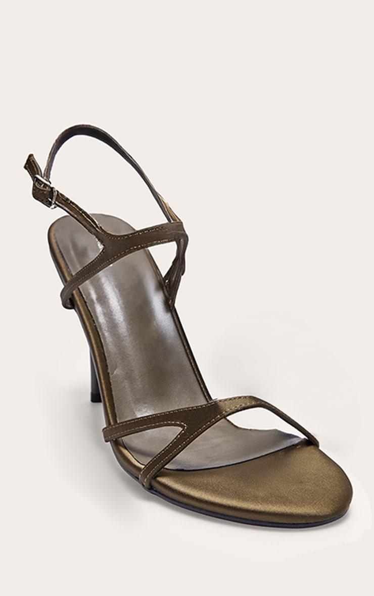 Olive Satin Round Toe Asymmetric Strap High Stiletto Heeled Sandals Product Image