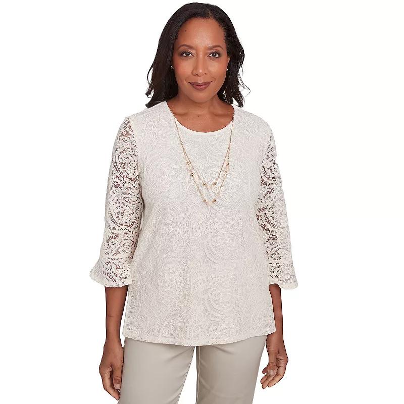 Petite Alfred Dunner Lace Woven Top with Necklace, Womens Product Image