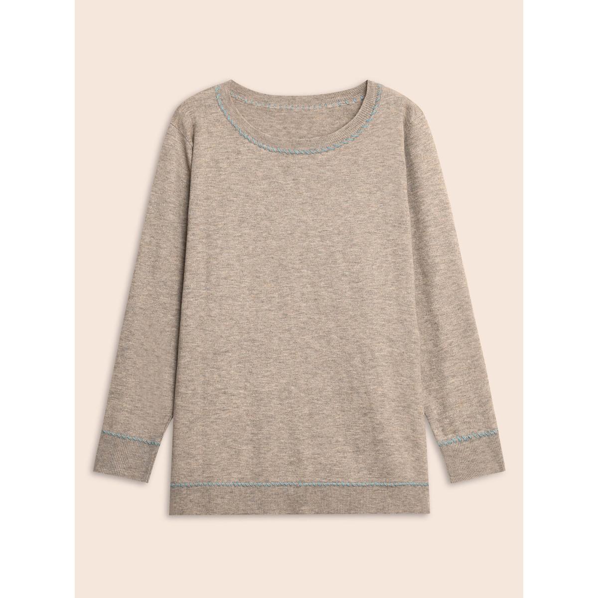 Plus Size Anti-Pilling Round Neck Contrast Trim Pullover Champagne Women Casual Long Sleeve Round Neck Everyday Pullovers BloomChic 18-20/2X Product Image