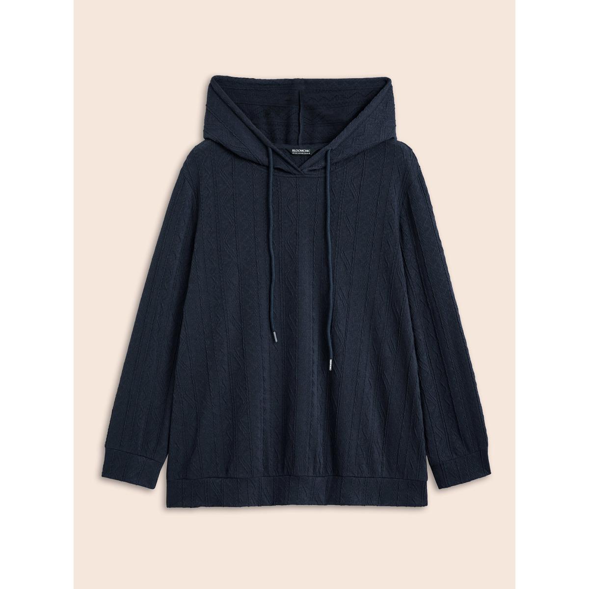 Plus Size Plain Textured Hooded Drawstring Sweatshirt Women Blue Casual Elastic cuffs Hooded Everyday Sweatshirts BloomChic 14-16/1X Product Image