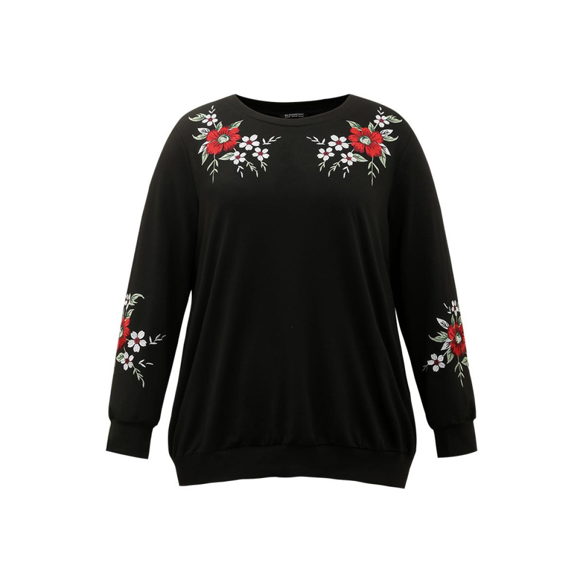 Plus Size Floral Embroidered Crew Neck Sweatshirt Women Black Casual Embroidered Round Neck Dailywear Sweatshirts BloomChic 26/4X Product Image