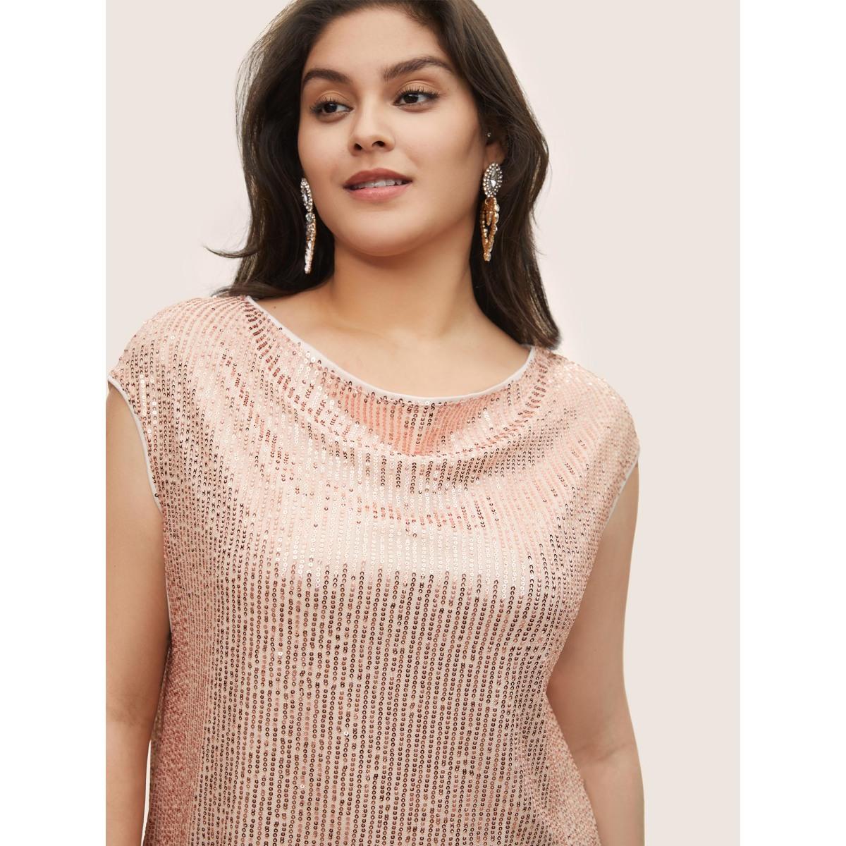 Plus Size Champagne Solid Sequin Cowl Neck Sleeveless Blouse Women Cocktail Sleeveless Cowl Neck Party Blouses BloomChic 28/5X Product Image