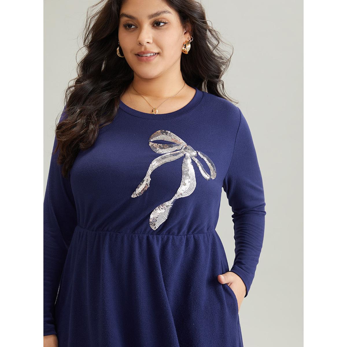 Plus Size Bowknot Sequin Pocket Crew Neck Dress DarkBlue Women Elegant Sequin Round Neck Long Sleeve Curvy Midi Dress BloomChic 18-20/2X Product Image