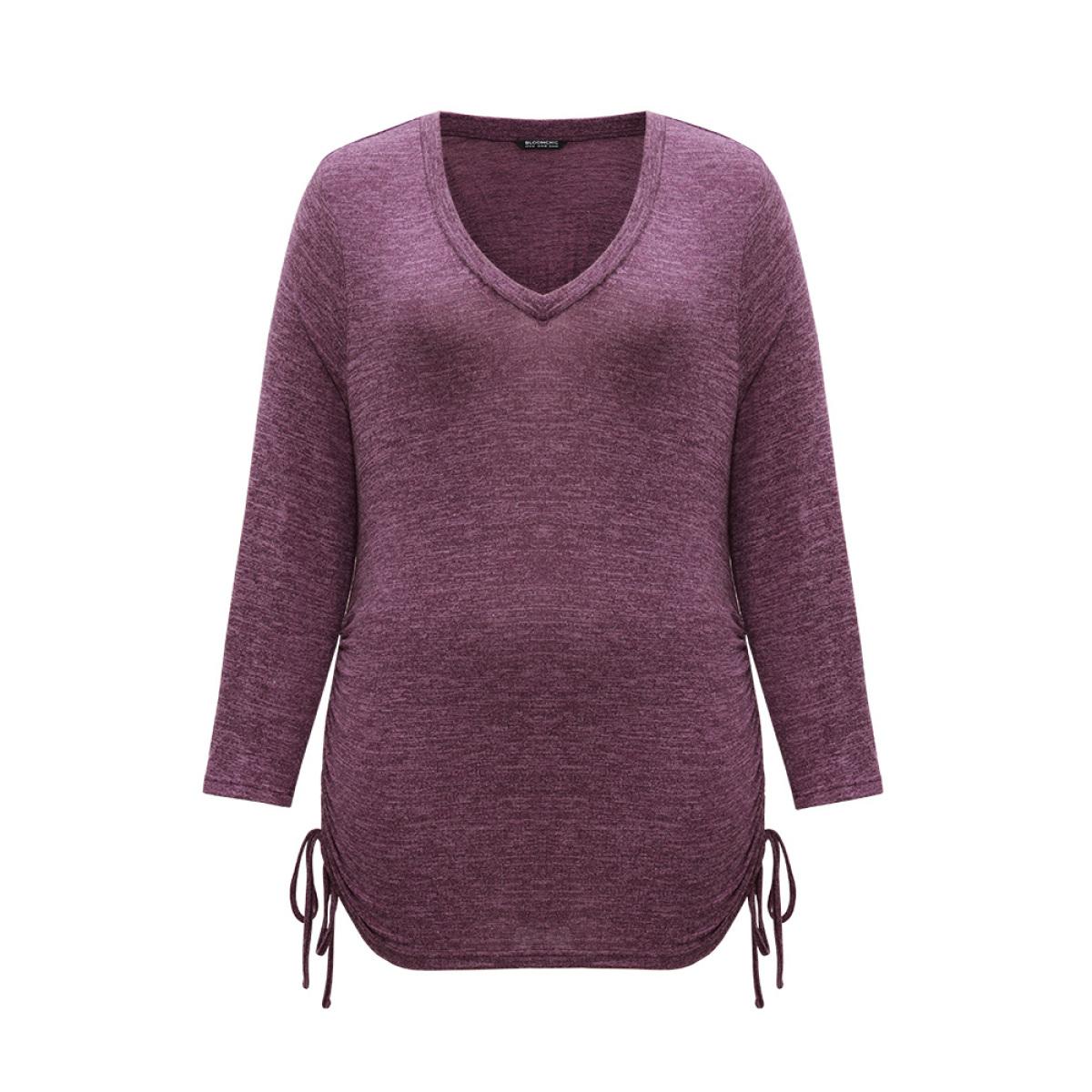 Plus Size Solid Drawstring Heather V Neck T-shirt Purple Women Casual Plain Plain V-neck Dailywear T-shirts BloomChic 10/M Product Image