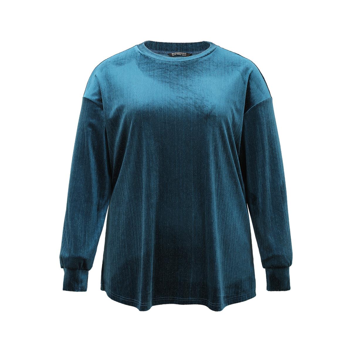 Plus Size Solid Velvet Round Neck Sweatshirt Women Aegean Casual Elastic cuffs Round Neck Dailywear Sweatshirts BloomChic 14-16/1X Product Image