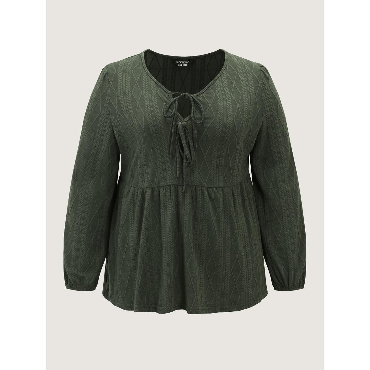 Plus Size Textured Front-Tie Relaxed-Fit Lounge Set Women ArmyGreen Tie knot Extra Long Sleeve V-neck Leisure Loungewear Sets BloomChic 18-20/2X Product Image