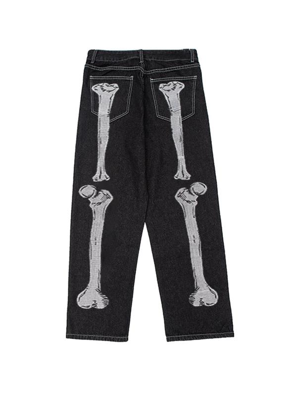 Men's Skeleton Print Stitch Detail Loose Jeans Product Image