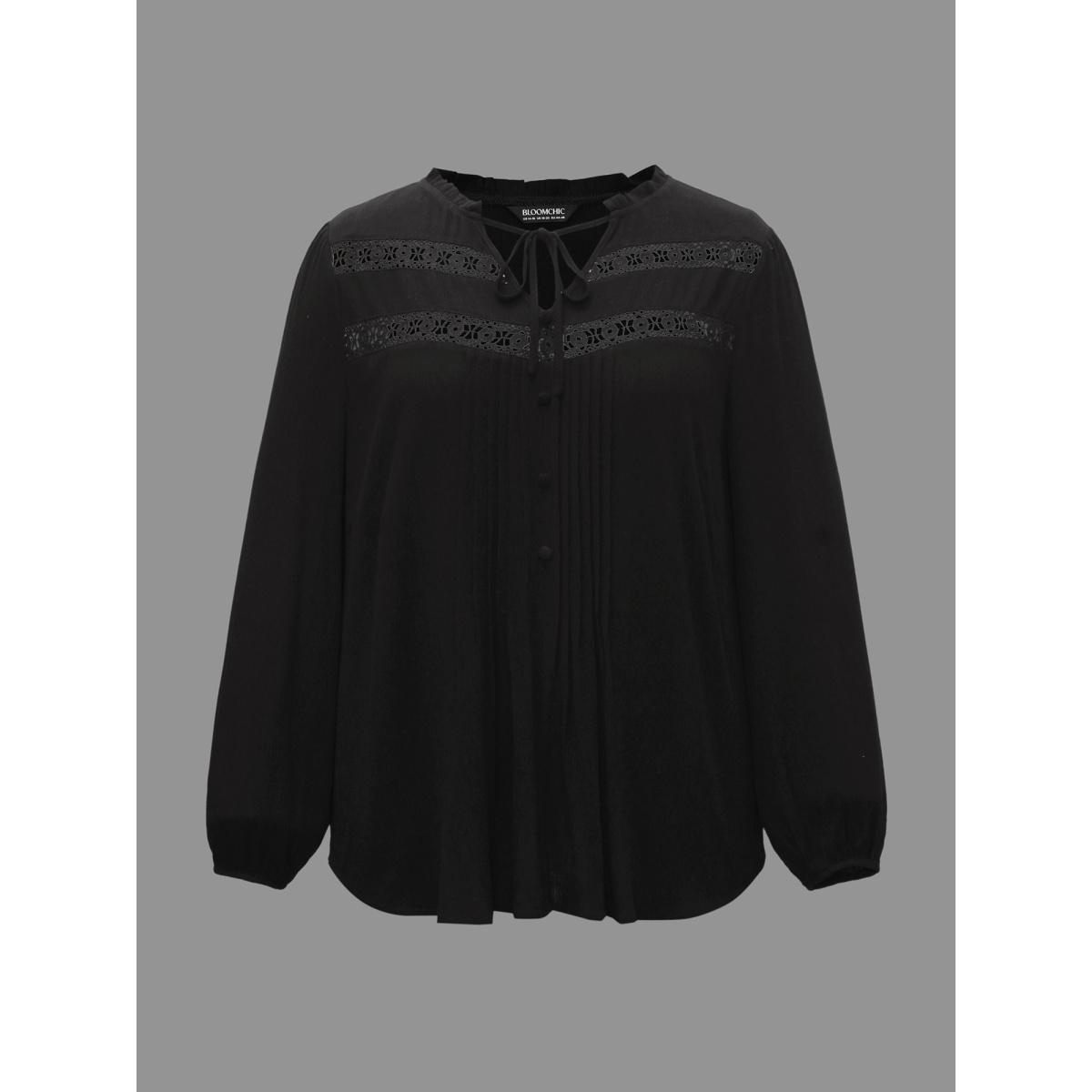 Plus Size Black Lace Patchwork Pleated Ruffles Blouse Women Timeless Long Sleeve V-neck Elegant Blouses BloomChic 22-24/3X Product Image