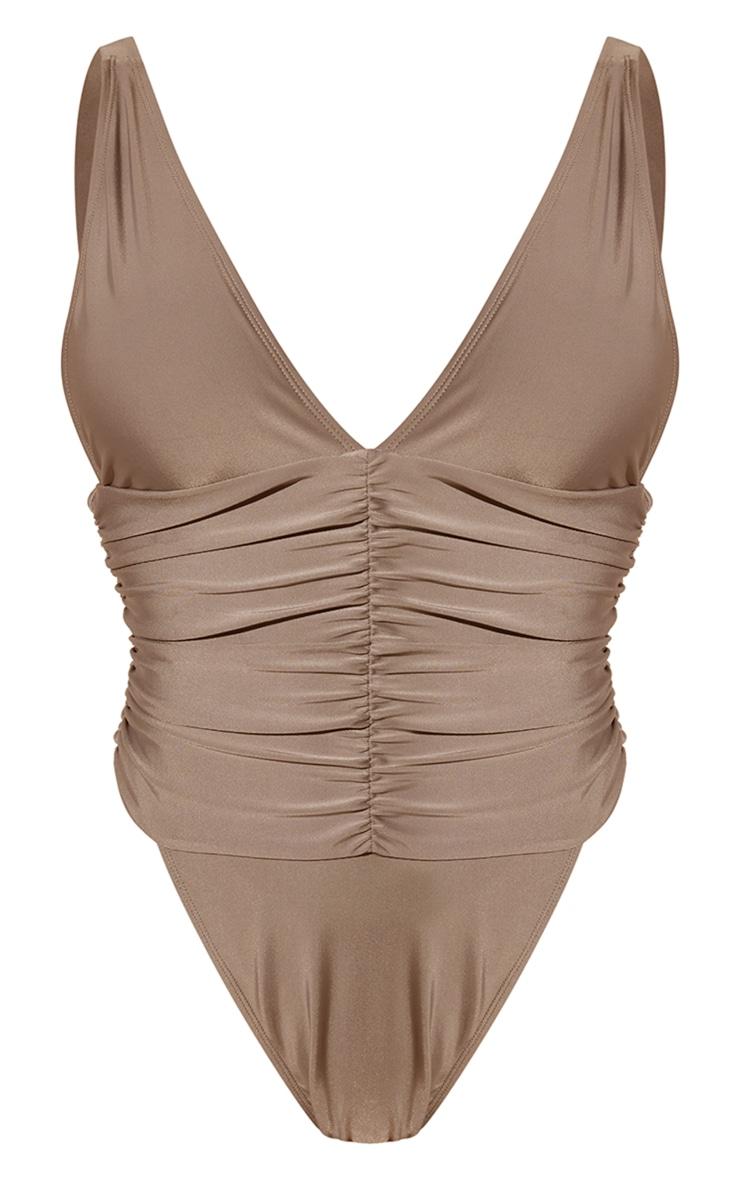 Grey Ruched Waist High Leg Plunge Swimsuit Product Image