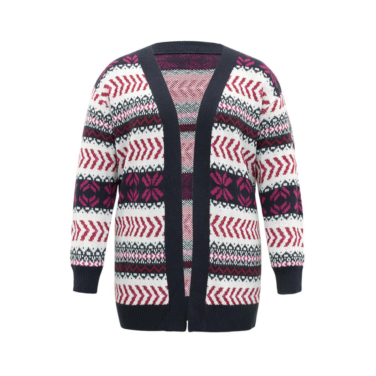 Plus Size Geo Print Open Front Patchwork Cardigan Multicolor Women Casual Loose Long Sleeve Festival-Christmas Cardigans BloomChic 14-16/1X Product Image