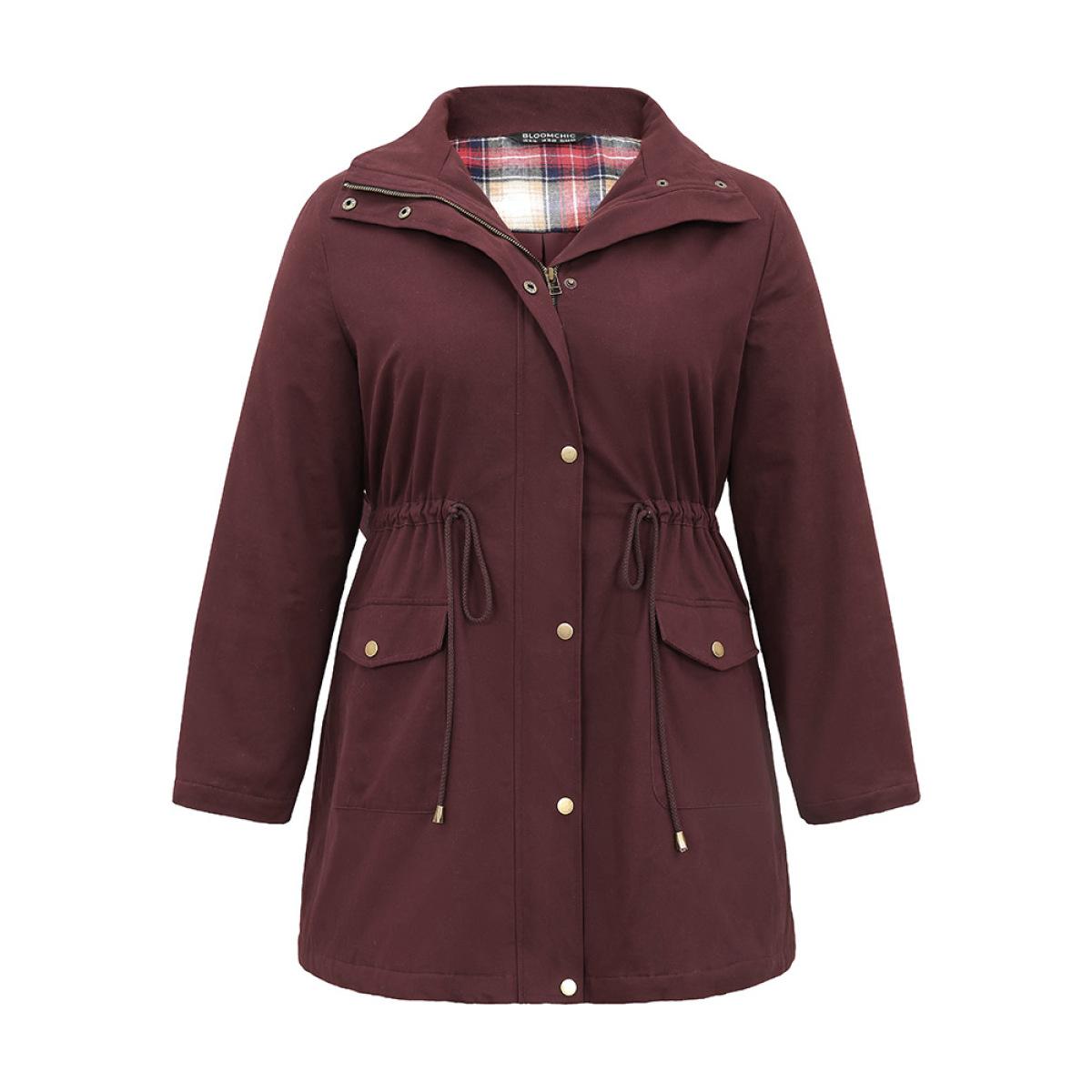 Plus Size Solid Zipper Drawstring Knot Flap Detail Coat Women Burgundy Casual Lined Ladies Dailywear Winter Coats BloomChic 26/4X Product Image