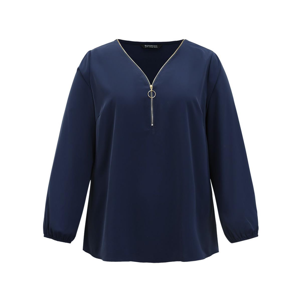 Plus Size Aegean Static-Free Plain Zipper Elastic Cuffs Blouse Women Office Long Sleeve V-neck Office Blouses BloomChic 22-24/3X Product Image